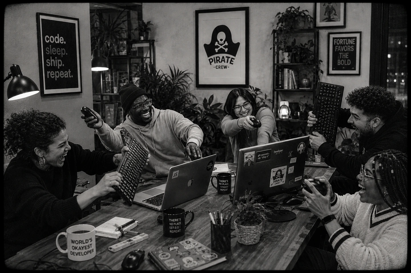 Illustration éditoriale de l’esprit Pirate Crew dans un studio de développement